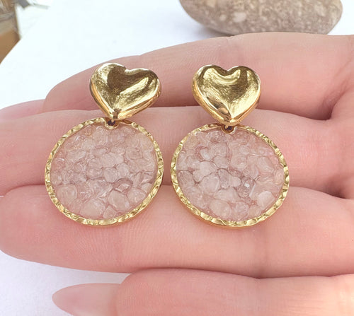 Boucles d'oreilles cœur doré et médaillon cristaux rose poudré - vue 1