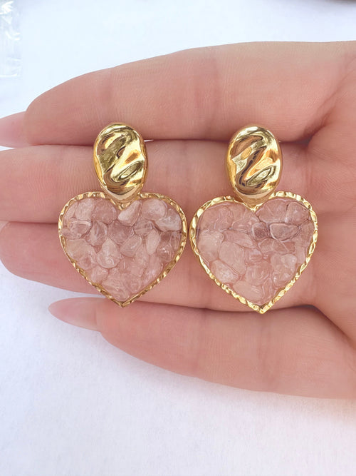 Boucles d'oreilles puce ovale dorée et cœur cristaux rose poudré - vue 1