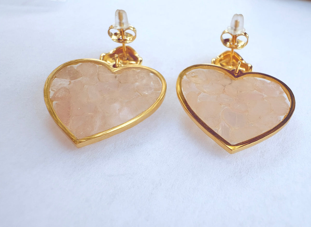 Boucles d'oreilles puce ovale dorée et cœur cristaux rose poudré - vue dos