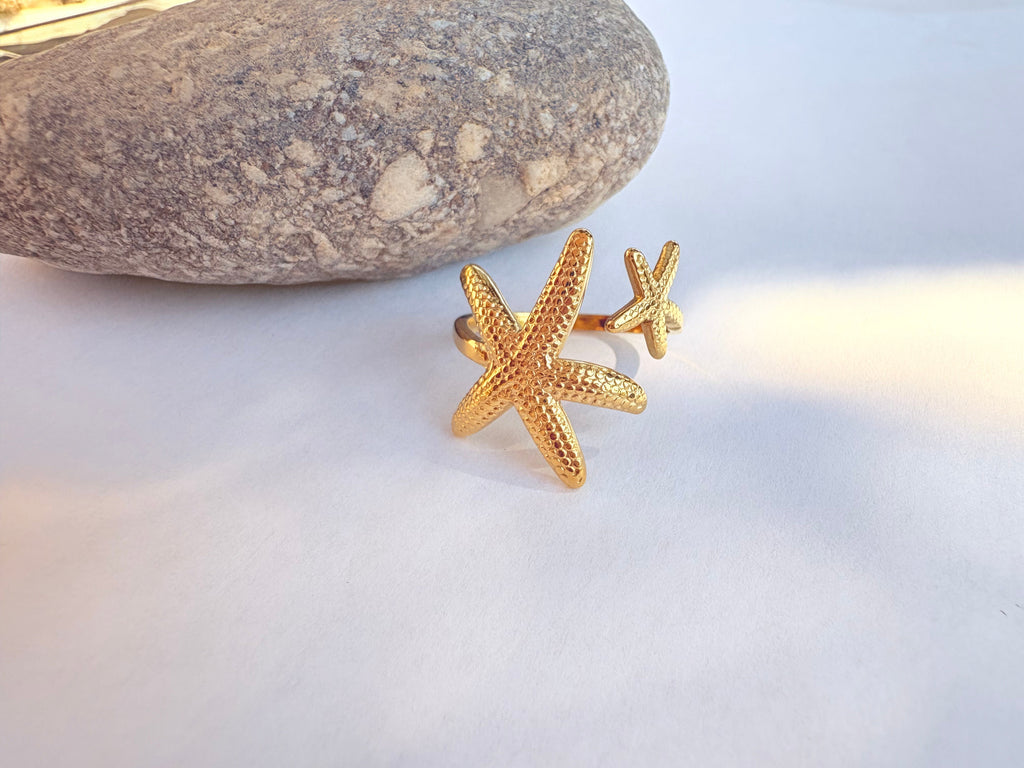 Bague double étoile de mer dorée - vue de côté