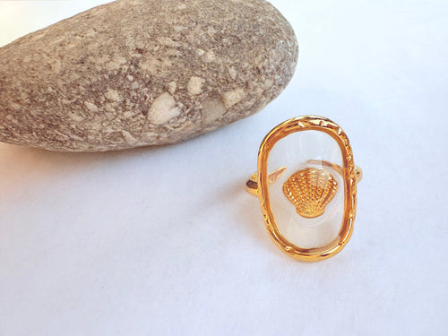 Bague cadre ovale doré et coquillage - vue face