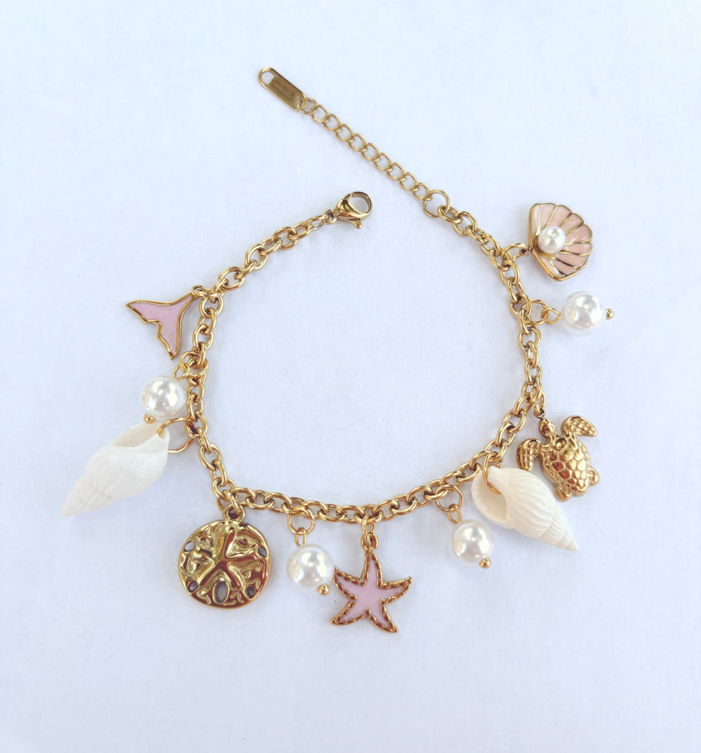 Bracelet breloques marines rose et perles nacrées - vue 1