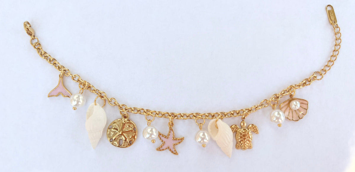 Bracelet breloques marines rose et perles nacrées - vue 2