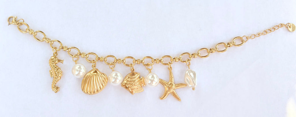 Bracelet breloques marines dorées et perles nacrées - vue 1