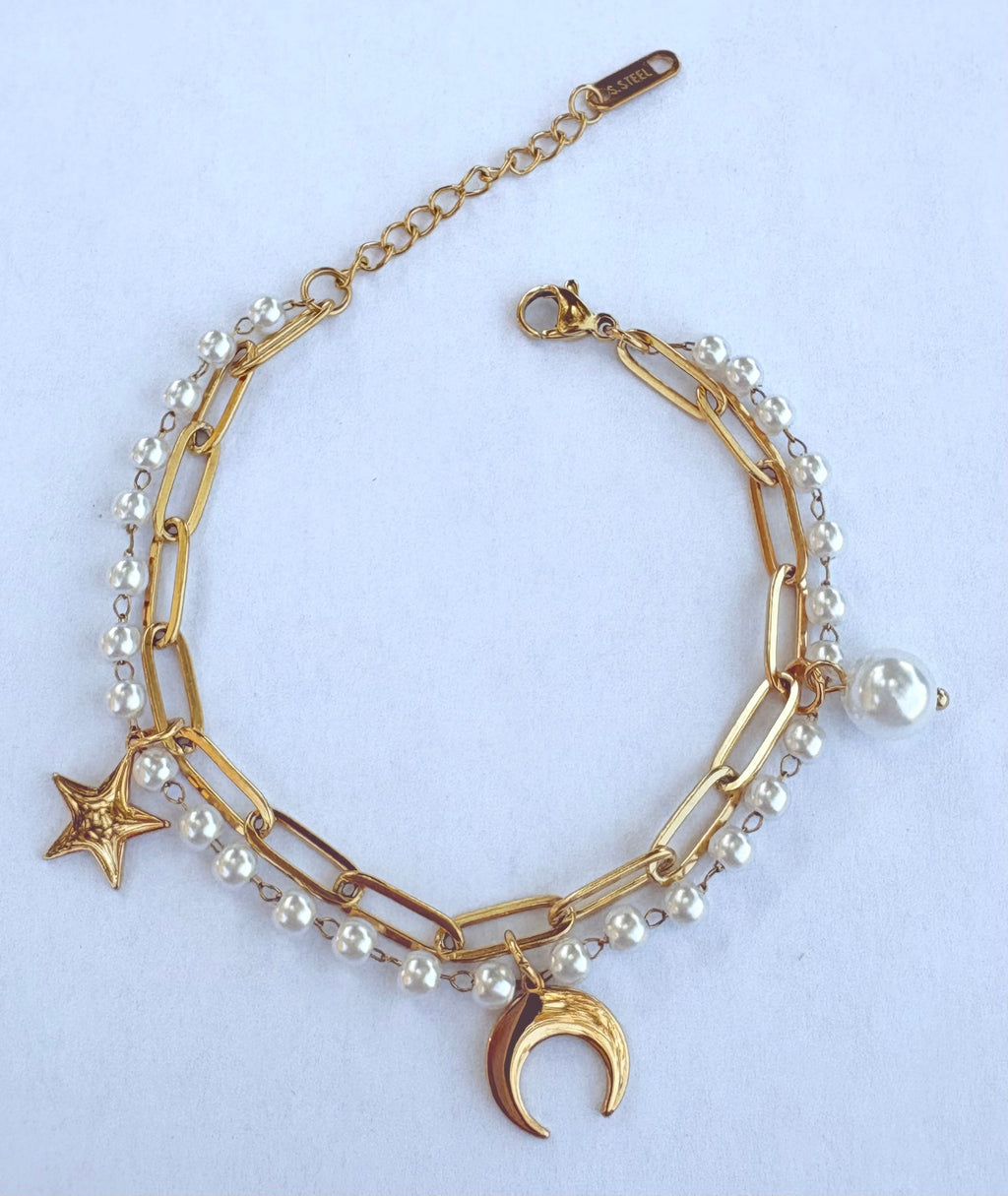 Bracelet double rang lune étoile et perles - vue 1