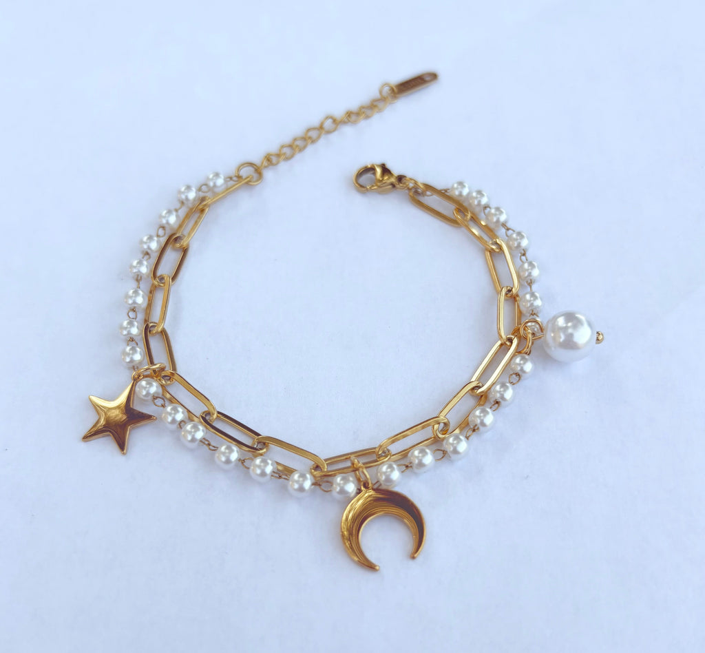 Bracelet double rang lune étoile et perles - vue 2
