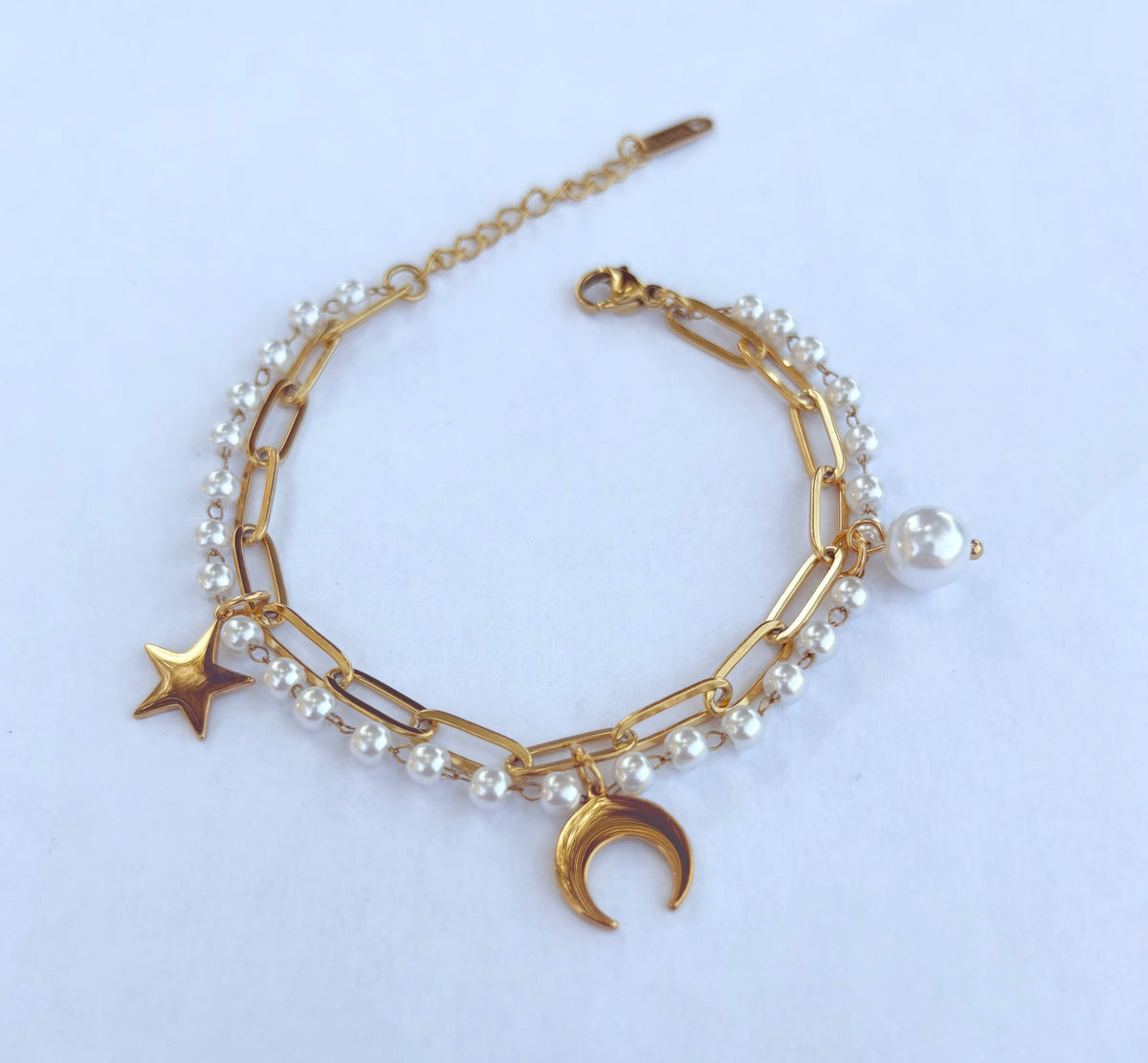 Bracelet double rang lune étoile et perles - vue 2