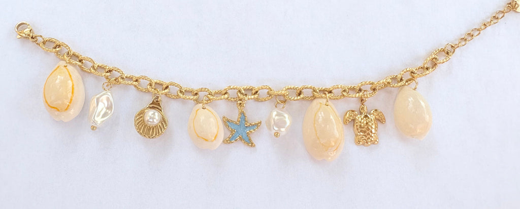 Bracelet breloques marines bleues coquillages et perles nacrées - vue 2