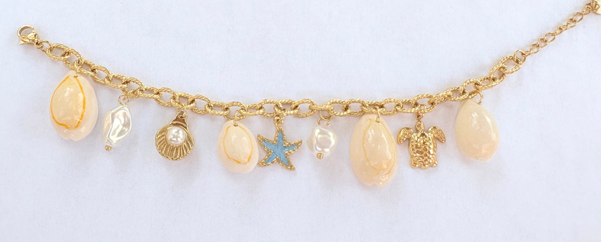 Bracelet breloques marines bleues coquillages et perles nacrées - vue 2