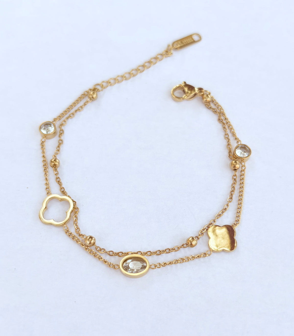 Bracelet double rang trèfle et strass doré - vue 1