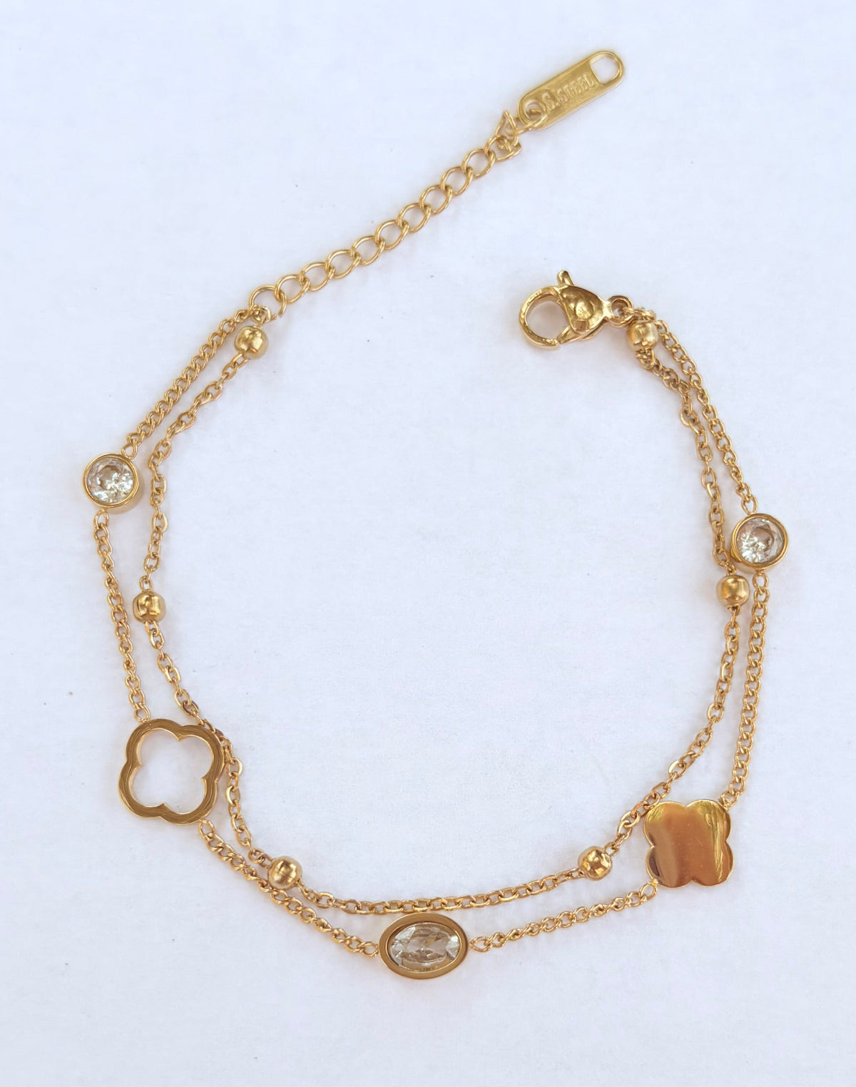 Bracelet double rang trèfle et strass doré - vue 2