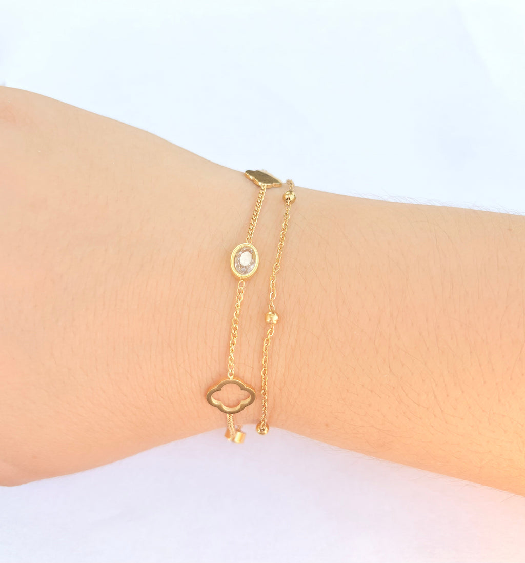 Bracelet double rang trèfle et strass doré - vue 3