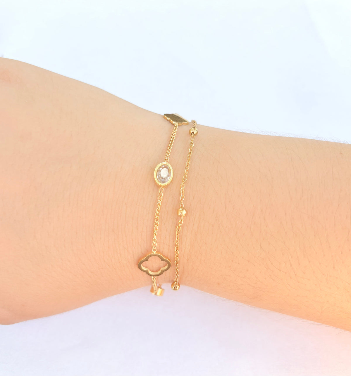 Bracelet double rang trèfle et strass doré - vue 3